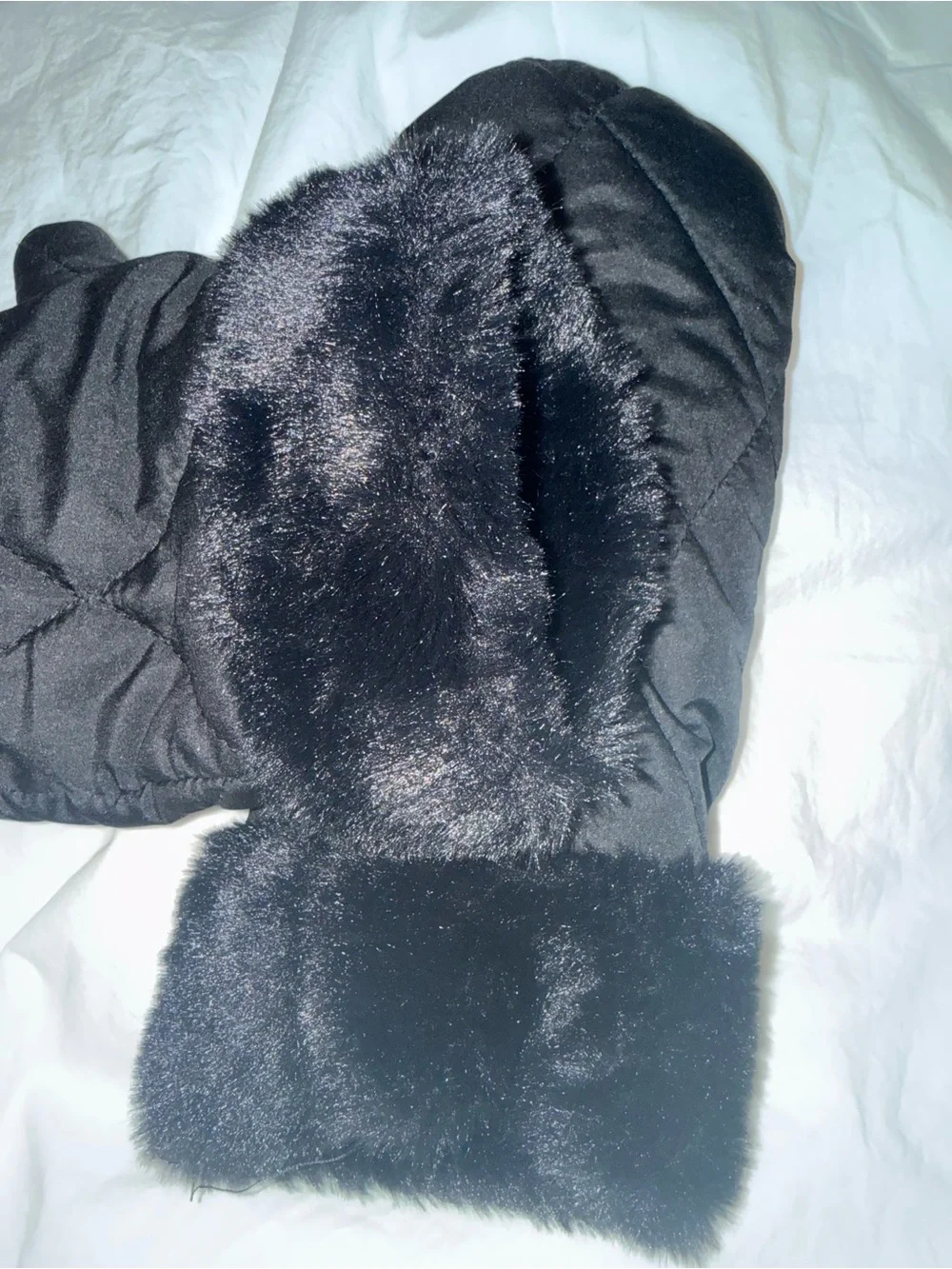 Black Quilted Mittens with Faux Fur Cuff